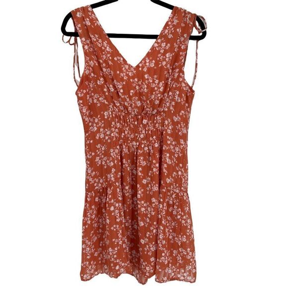 Chelsea28 Sleeveless V-Neck Smocked Tie Shoulder Mini Dress Coral White Medium - Picture 8 of 13